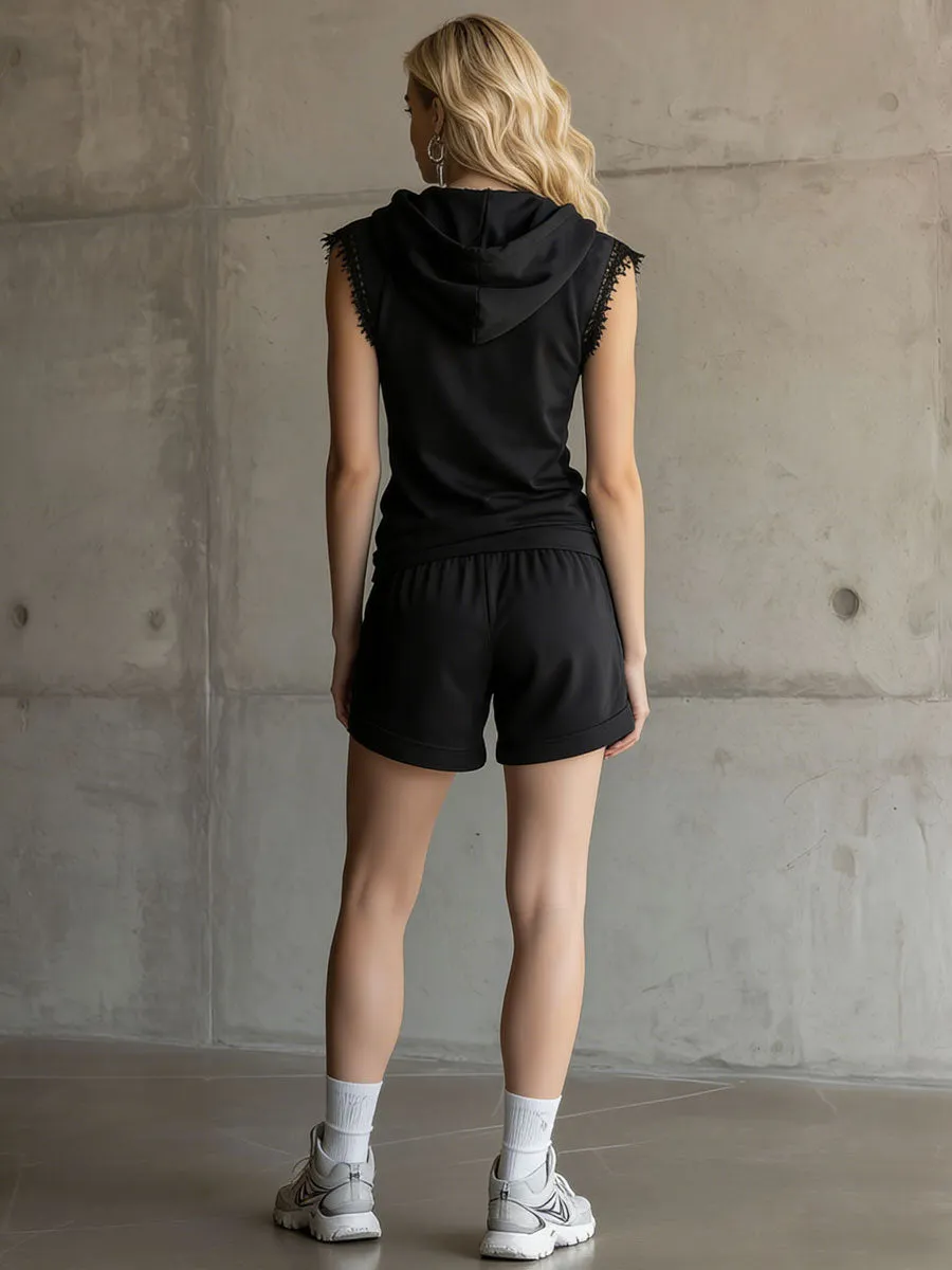 Sporty Retro Lace Trim Black Sleeveless Hooded Sweatshirt And Shorts Set sold by Oyrosy product image thumbnail 3