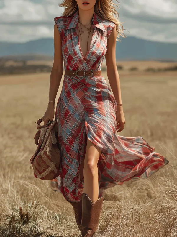 Western Retro Bohemian Collared Plaid Print Sleeveless Chiffon Maxi Dress sold by Oyrosy
