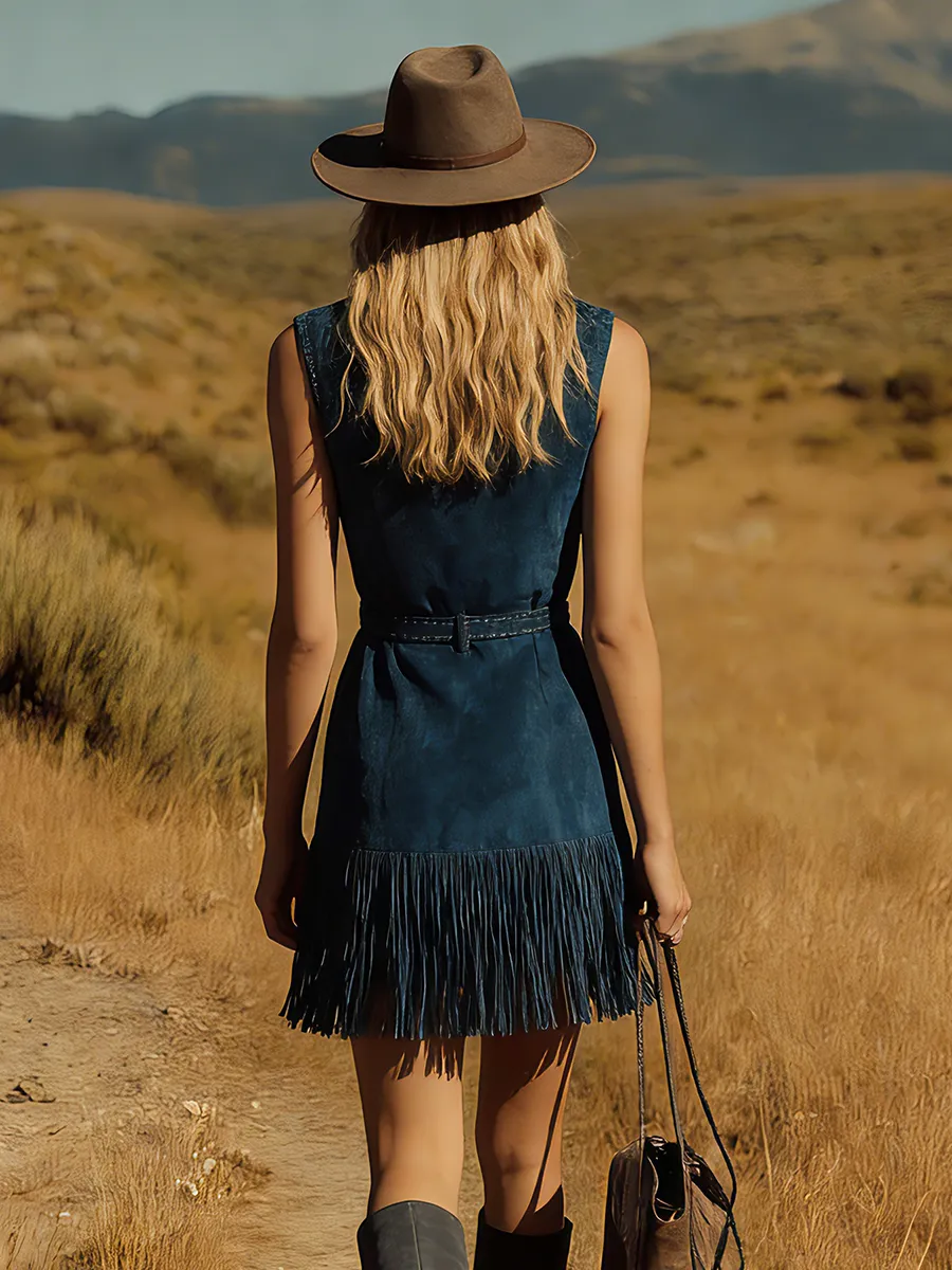 Western Retro Bohemian Style V-neck Sleeveless Embroidered Faux Suede Mini Dress sold by Oyrosy product image thumbnail 3