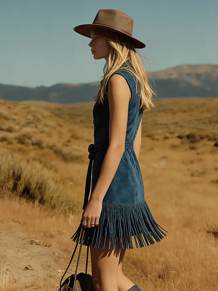 Western Retro Bohemian Style V-neck Sleeveless Embroidered Faux Suede Mini Dress sold by Oyrosy product image thumbnail 2