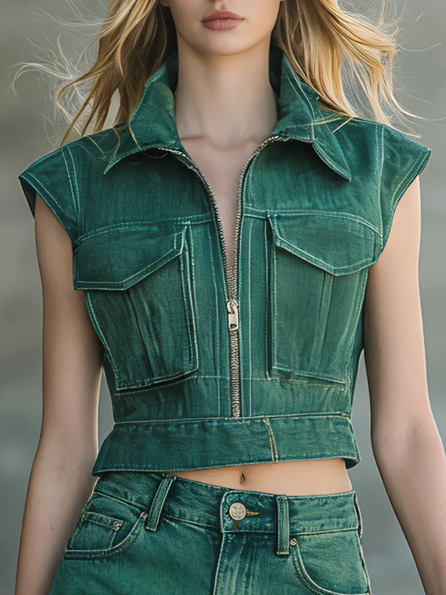 Retro-style Collared Sleeveless Top And Ruffled Mini Skirt Denim Set sold by Oyrosy product image thumbnail 5