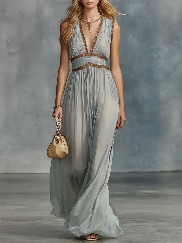 Stylish And Elegant V-neck Lace Trim Sleeveless Chiffon Maxi Dress made by Oyrosy