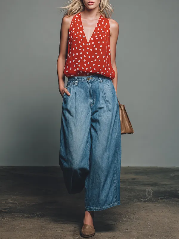Retro-style Polka Dot V-neck Chiffon Sleeveless Top And Denim Capri Pants Set made by Oyrosy