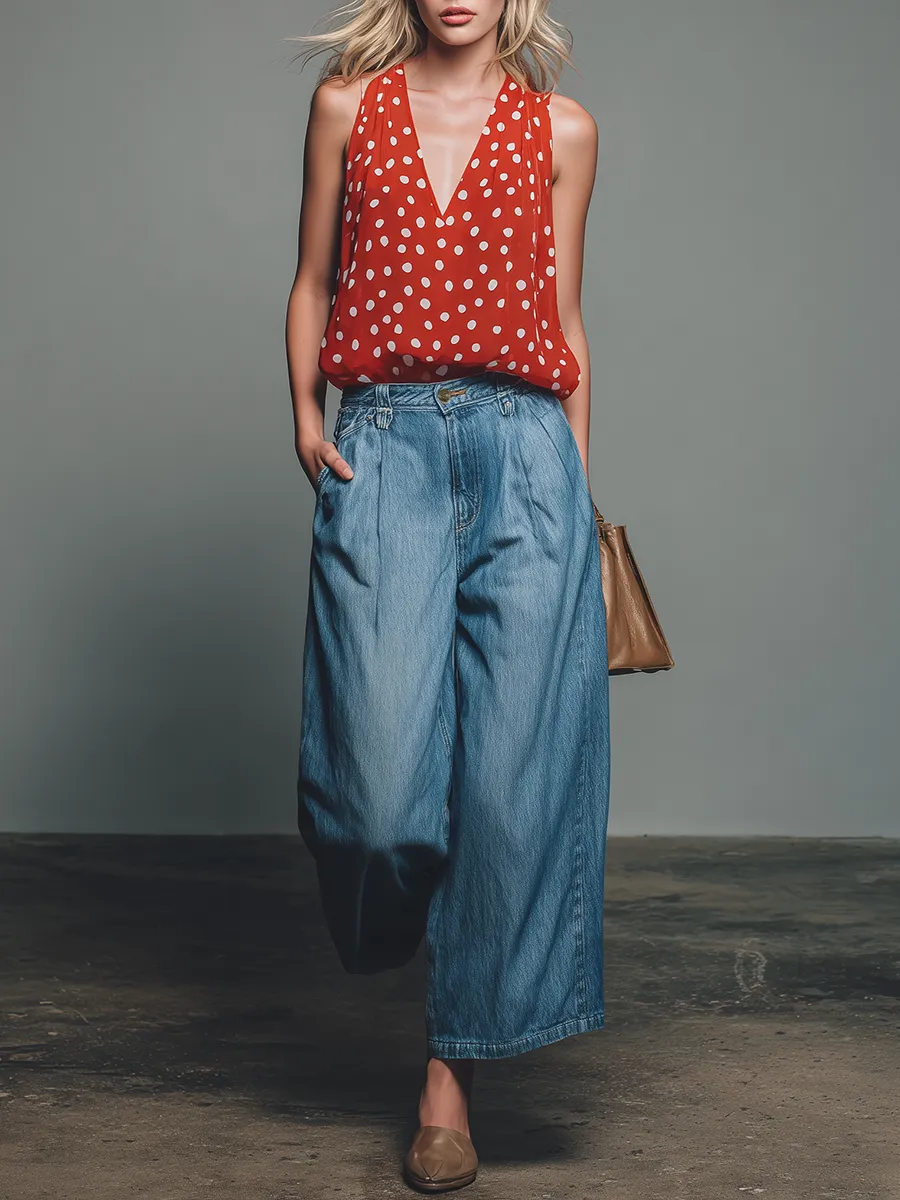 Retro-style Polka Dot V-neck Chiffon Sleeveless Top And Denim Capri Pants Set sold by Oyrosy