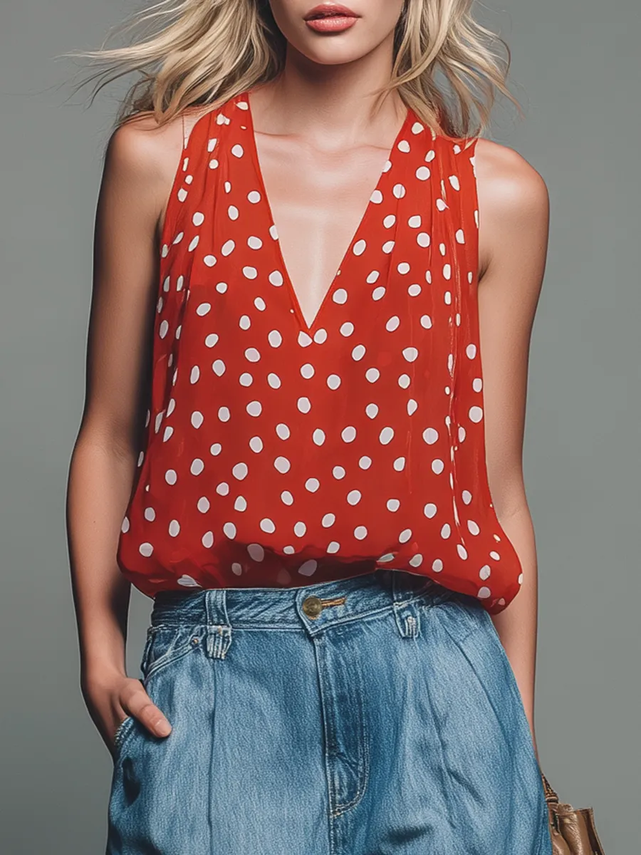 Retro-style Polka Dot V-neck Chiffon Sleeveless Top And Denim Capri Pants Set sold by Oyrosy product image thumbnail 5
