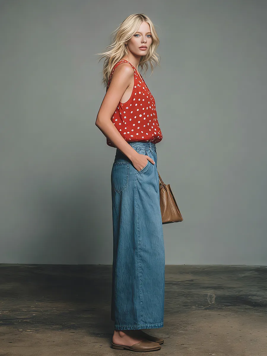 Retro-style Polka Dot V-neck Chiffon Sleeveless Top And Denim Capri Pants Set sold by Oyrosy product image thumbnail 2