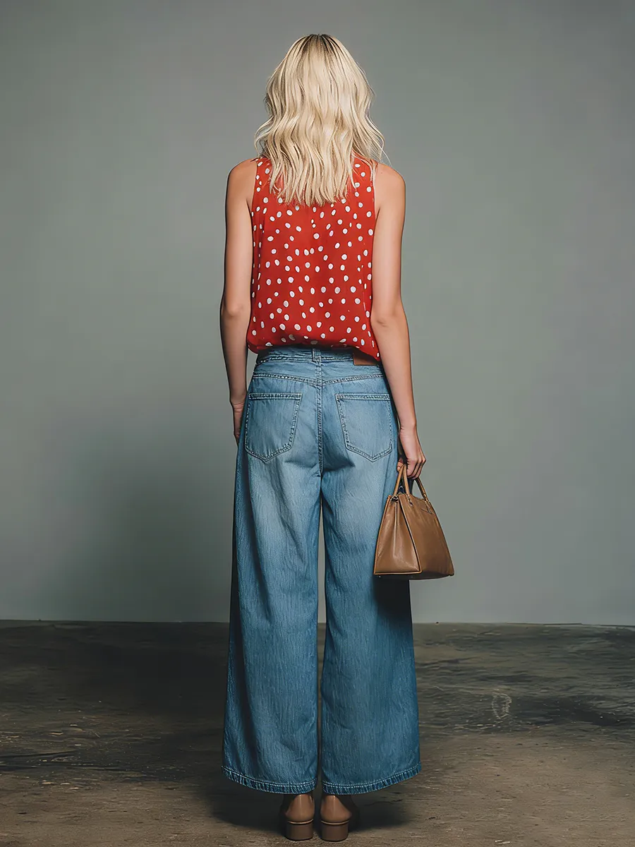 Retro-style Polka Dot V-neck Chiffon Sleeveless Top And Denim Capri Pants Set sold by Oyrosy product image thumbnail 3