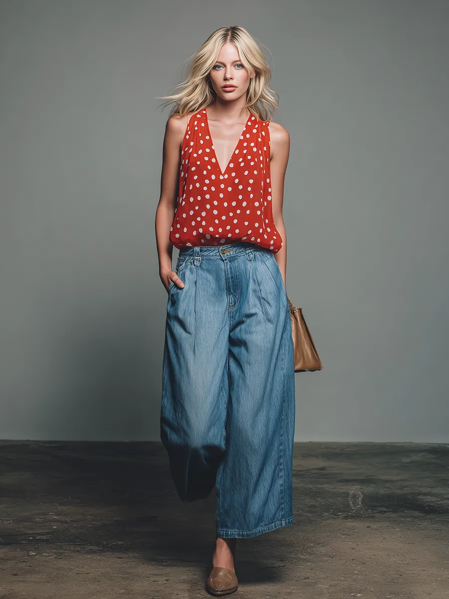 Retro-style Polka Dot V-neck Chiffon Sleeveless Top And Denim Capri Pants Set sold by Oyrosy product image thumbnail 4
