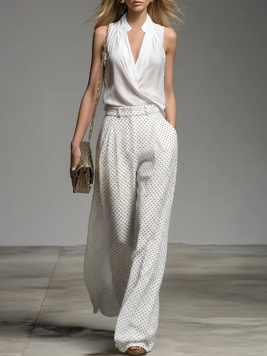 Stylish And Casual V-neck Sleeveless Top And Polka Dot Printed Trousers Chiffon Set sold by Oyrosy