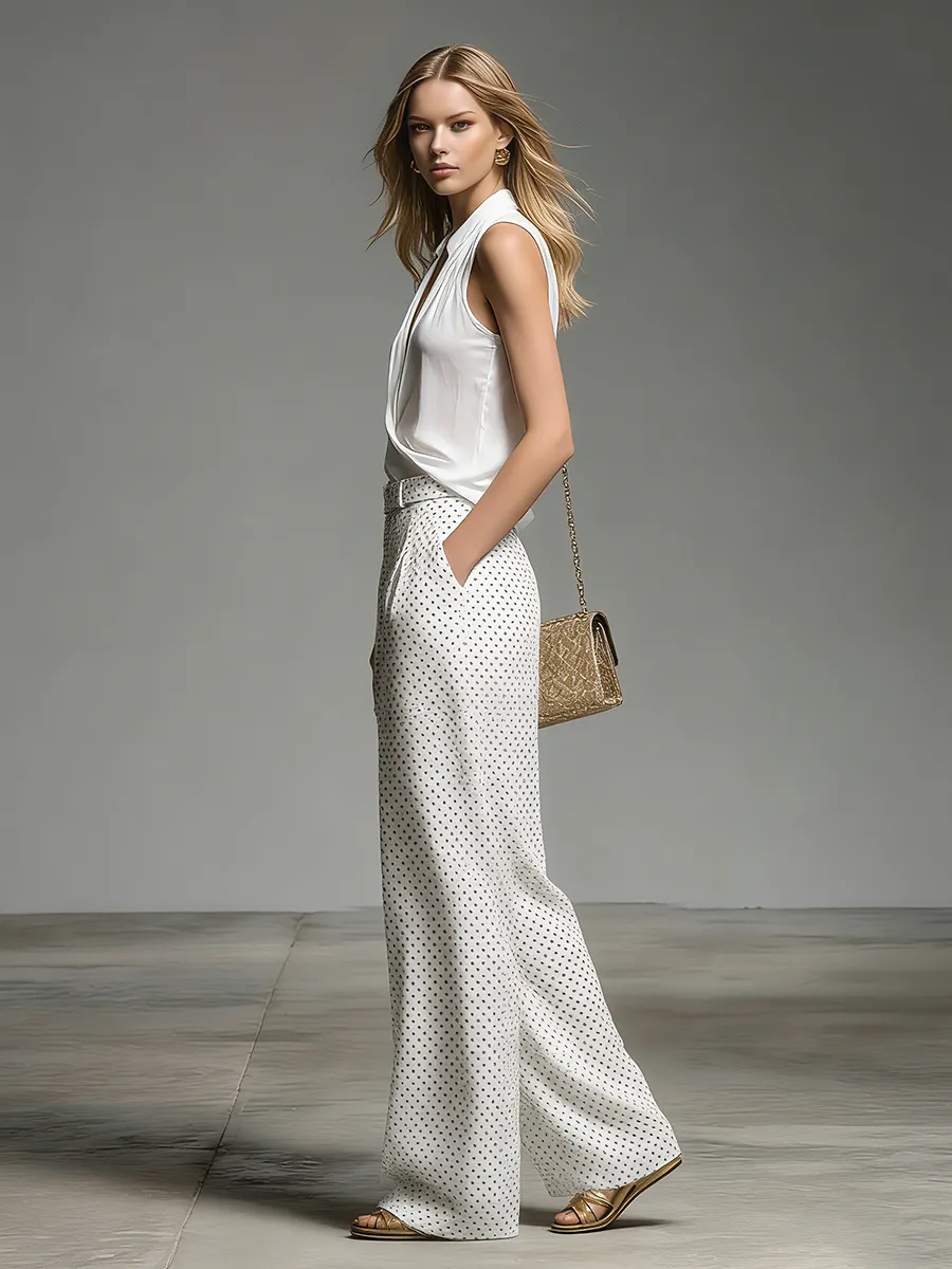 Stylish And Casual V-neck Sleeveless Top And Polka Dot Printed Trousers Chiffon Set sold by Oyrosy product image thumbnail 2