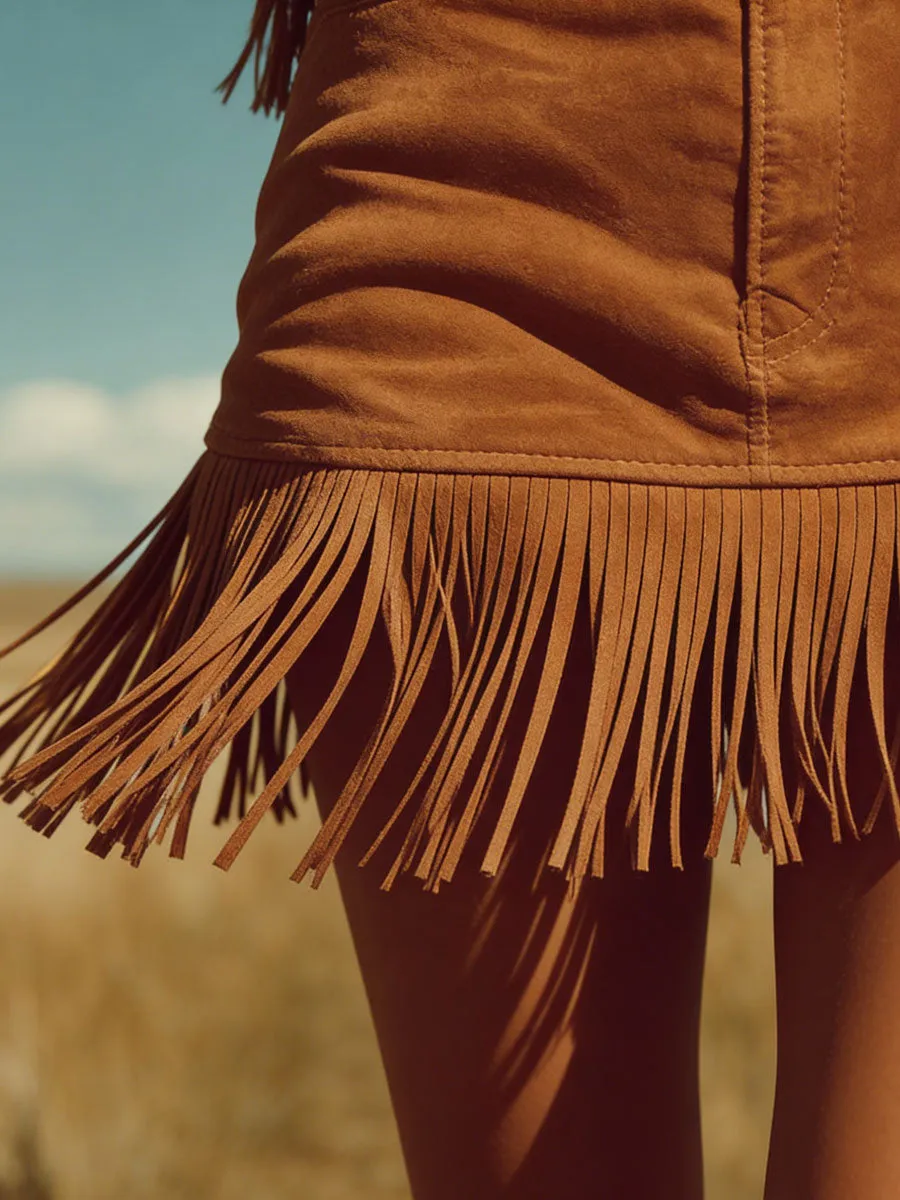 Western Retro Bohemian Style Caramel-colored Faux Suede Tassel Skirt/shorts sold by Oyrosy product image thumbnail 4