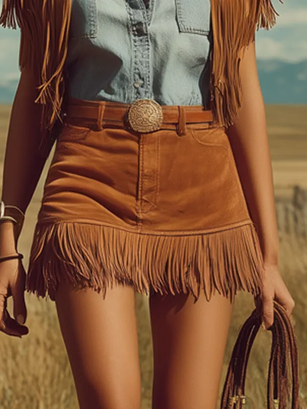 Western Retro Bohemian Style Caramel-colored Faux Suede Tassel Skirt/shorts sold by Oyrosy