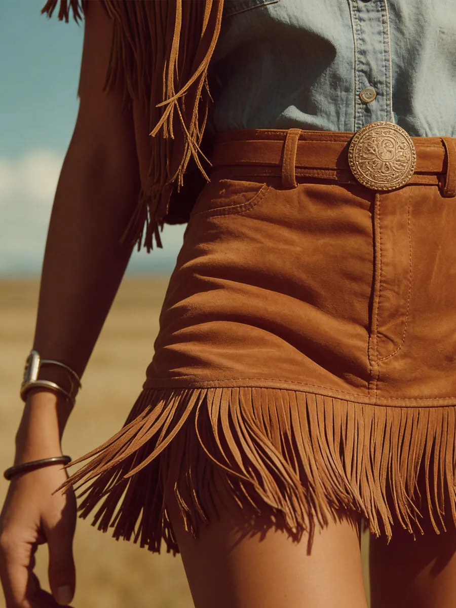 Western Retro Bohemian Style Caramel-colored Faux Suede Tassel Skirt/shorts sold by Oyrosy product image thumbnail 5