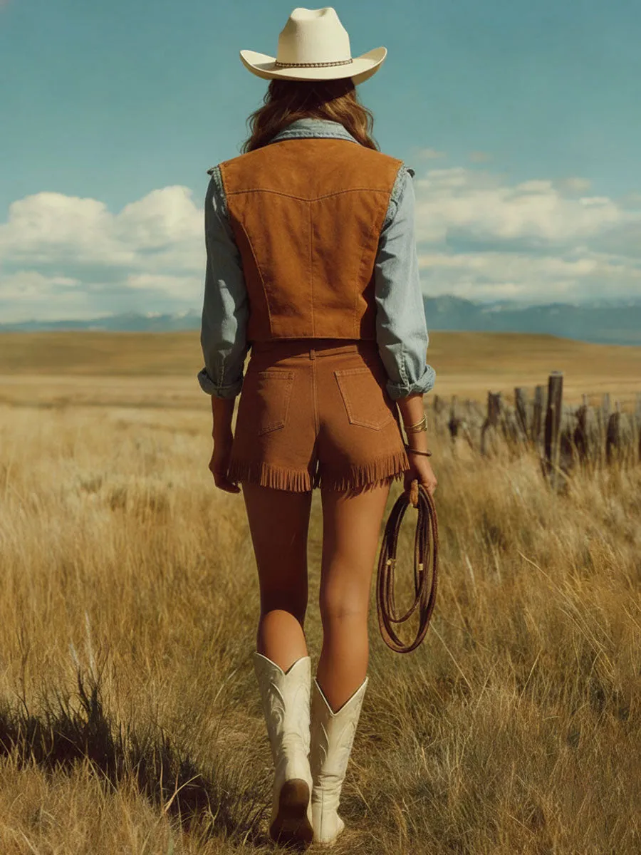 Western Retro Bohemian Style Caramel-colored Faux Suede Tassel Skirt/shorts sold by Oyrosy product image thumbnail 3