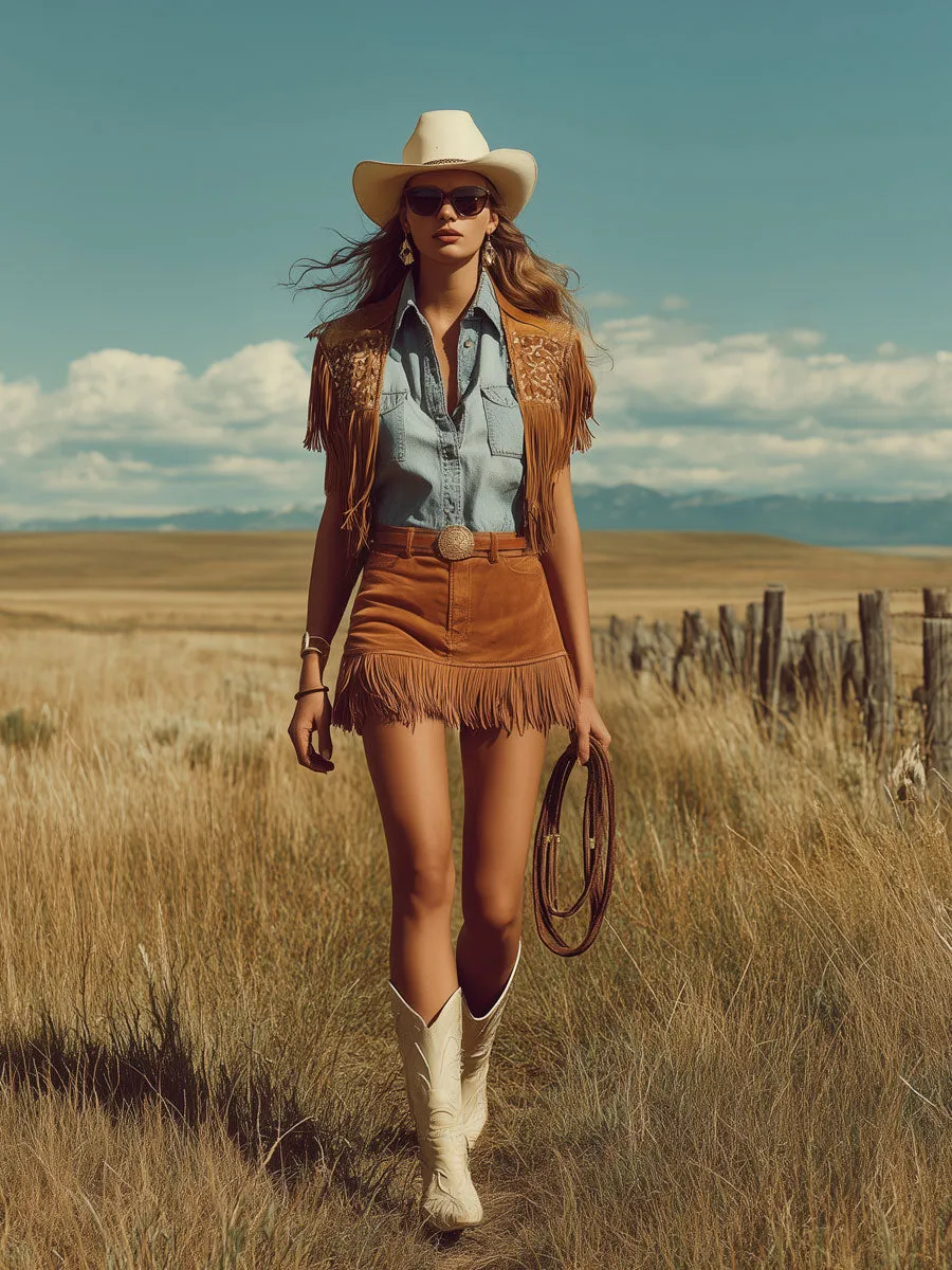 Western Retro Bohemian Style Caramel-colored Faux Suede Tassel Skirt/shorts sold by Oyrosy product image thumbnail 2