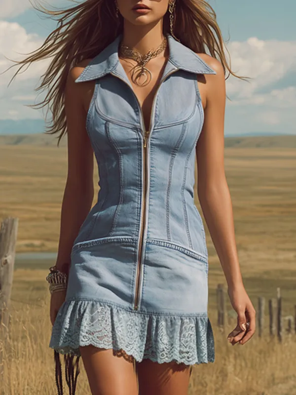 Western Retro Boho Lace Ruffle Sleeveless Light Blue Denim Mini Dress sold by Oyrosy