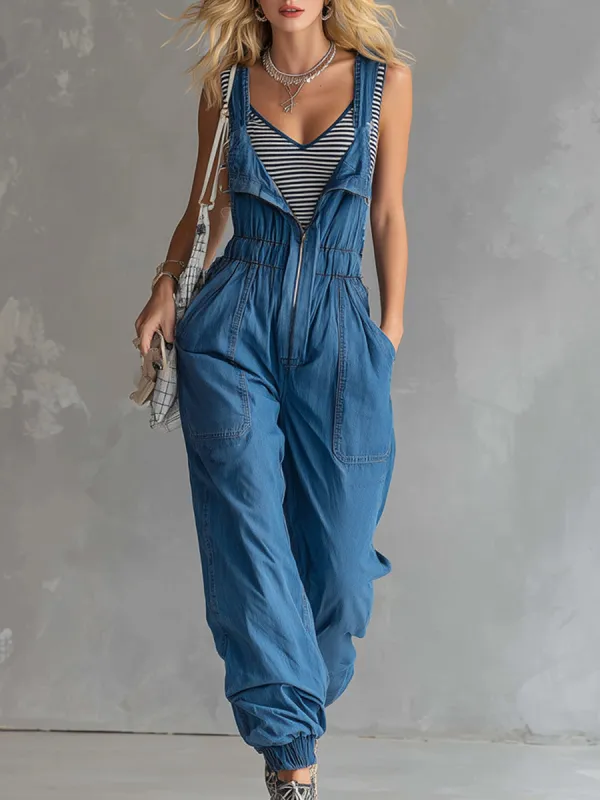 Stylish And Casual Blue Denim Zip-up Overalls made by Oyrosy