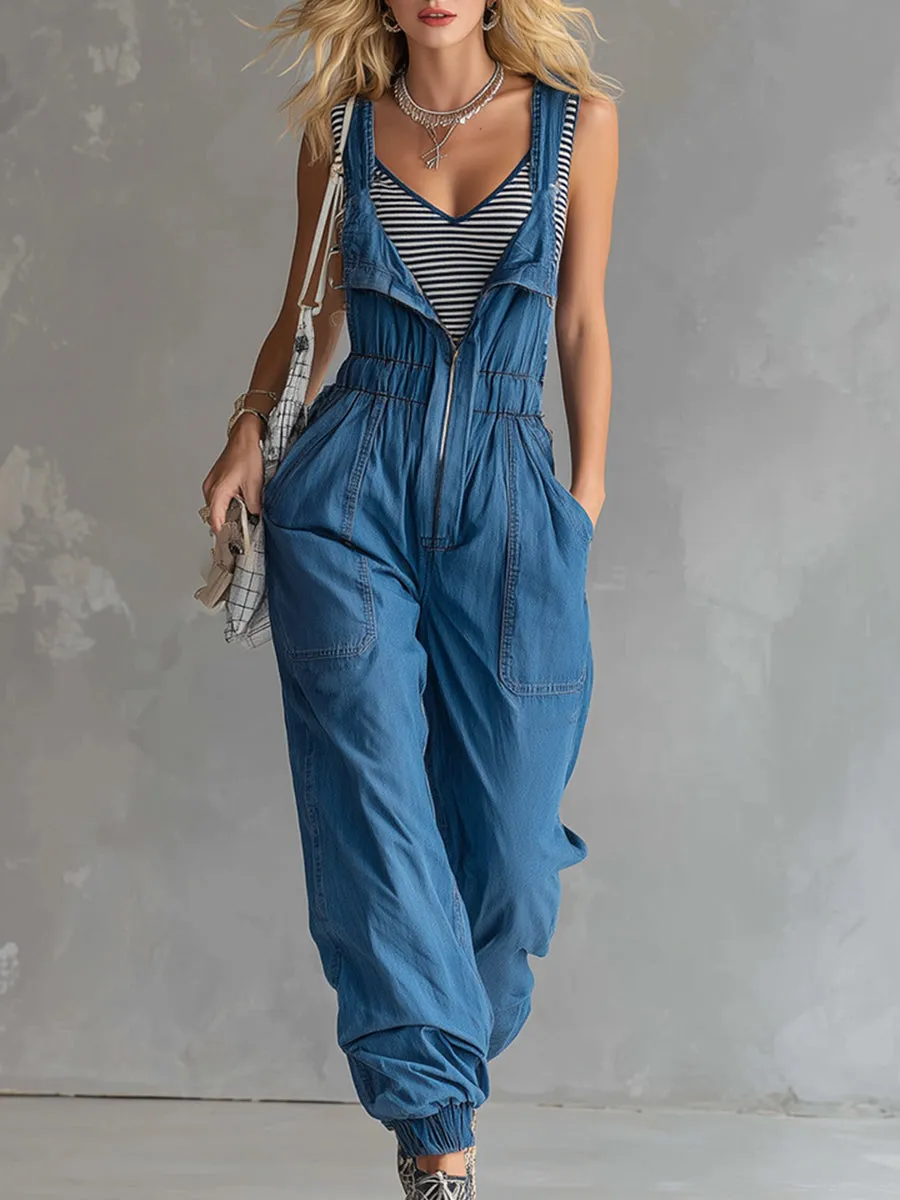 Stylish And Casual Blue Denim Zip-up Overalls sold by Oyrosy