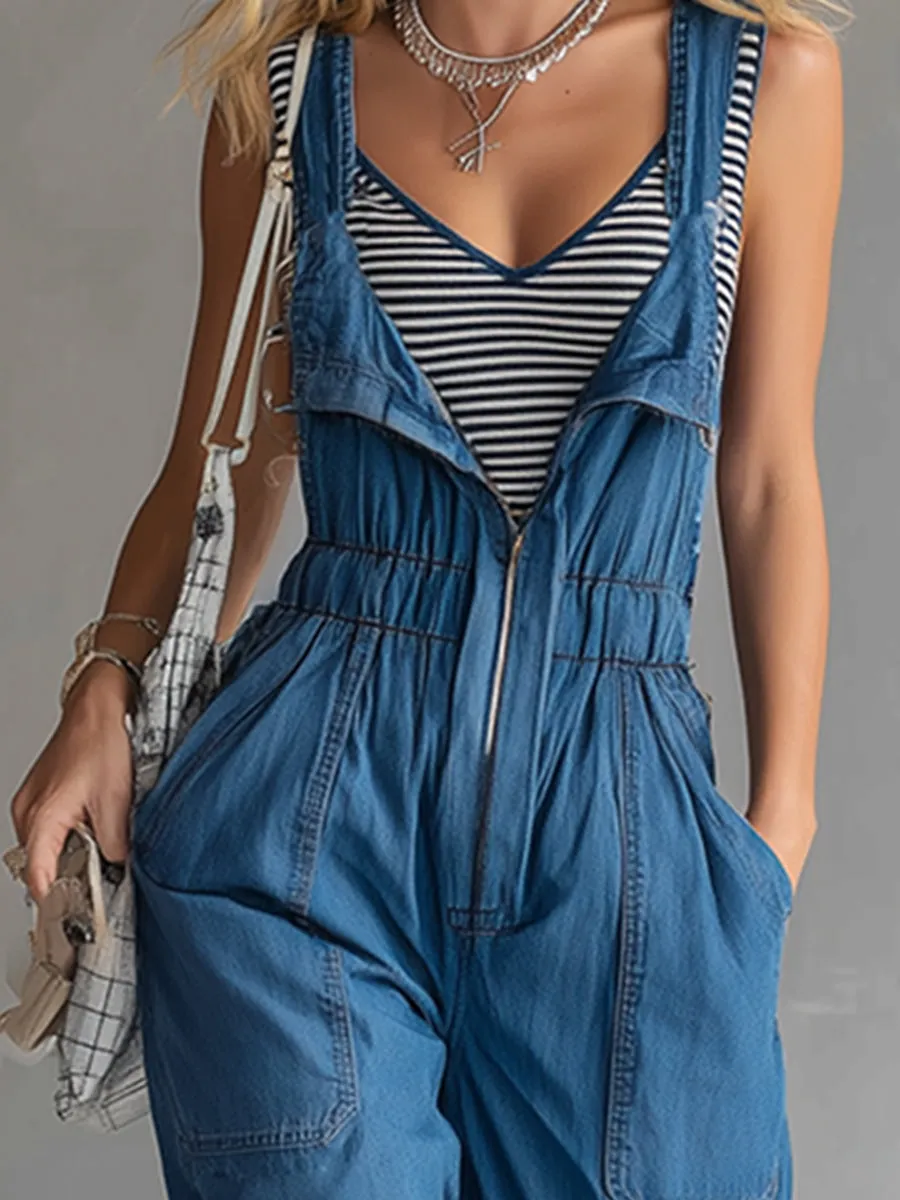 Stylish And Casual Blue Denim Zip-up Overalls sold by Oyrosy product image thumbnail 3