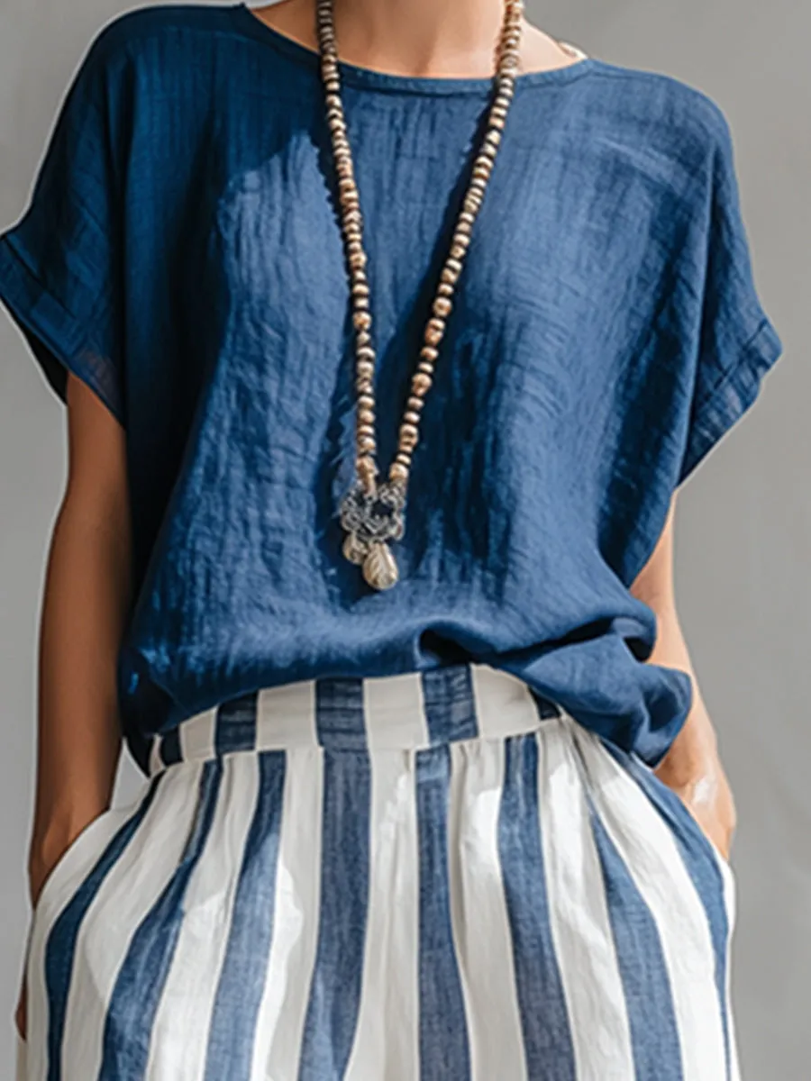 Elegant Minimalist Blue T-shirt And Striped Wide-leg Pants Cotton-linen Set sold by Oyrosy product image thumbnail 5