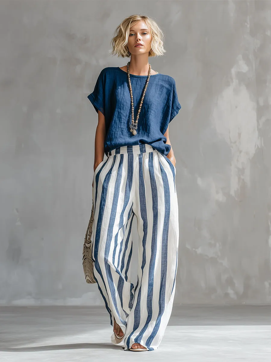 Elegant Minimalist Blue T-shirt And Striped Wide-leg Pants Cotton-linen Set sold by Oyrosy product image thumbnail 2
