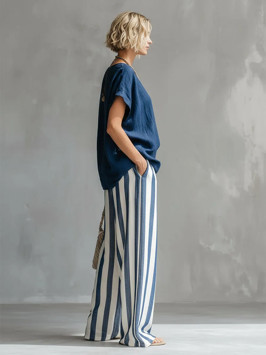Elegant Minimalist Blue T-shirt And Striped Wide-leg Pants Cotton-linen Set sold by Oyrosy product image thumbnail 3