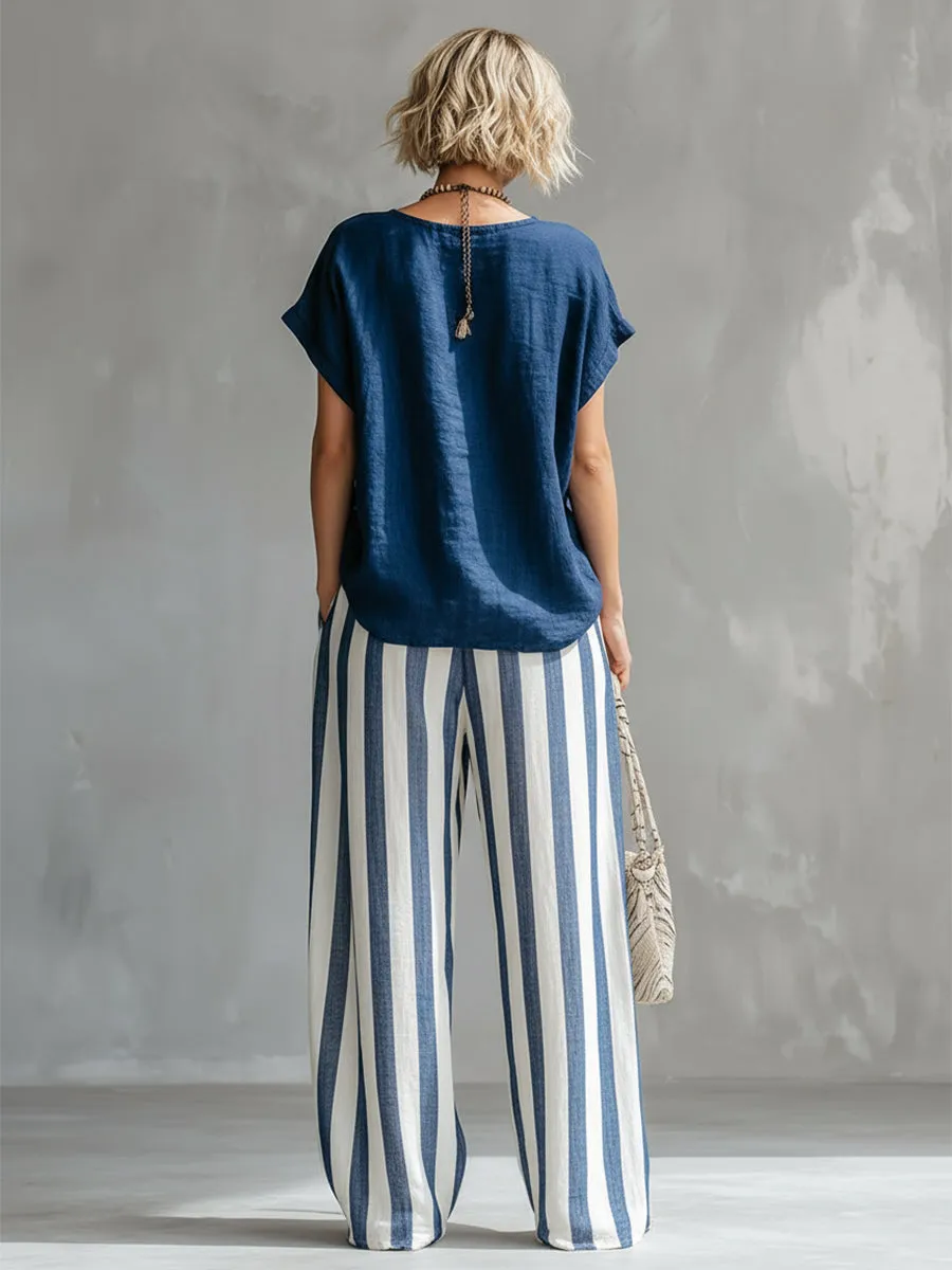Elegant Minimalist Blue T-shirt And Striped Wide-leg Pants Cotton-linen Set sold by Oyrosy product image thumbnail 4
