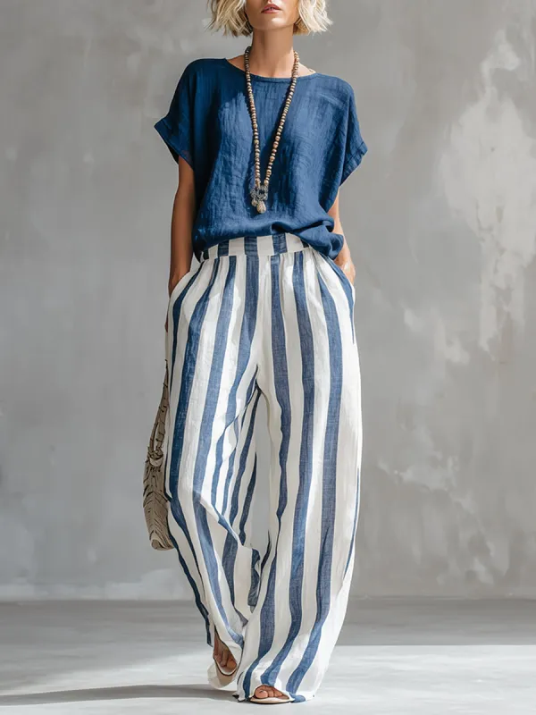 Elegant Minimalist Blue T-shirt And Striped Wide-leg Pants Cotton-linen Set sold by Oyrosy