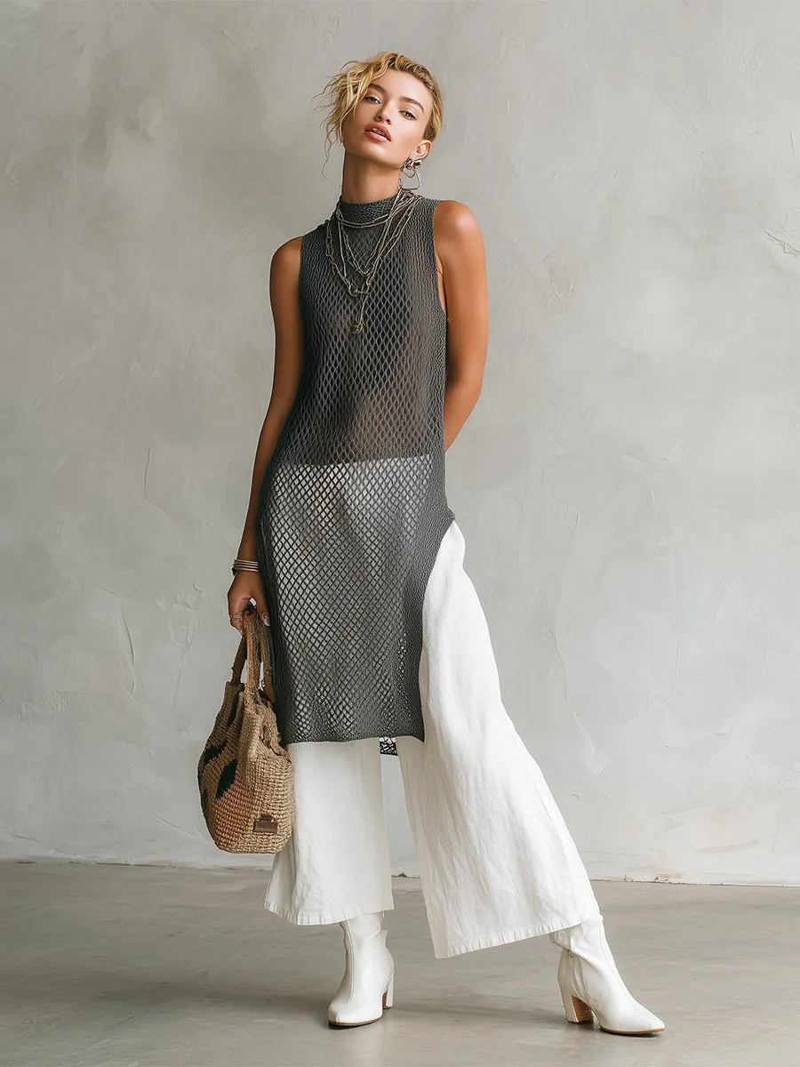 Urban Gray Openwork Knit Slit Long Top And White Cotton Linen Pants Set sold by Oyrosy product image thumbnail 2