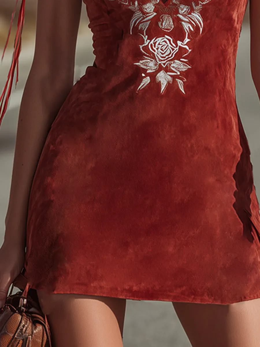 Retro Boho Red Faux Suede Embroidered Short-Sleeved Mini Dress sold by Oyrosy product image thumbnail 4