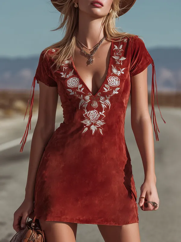 Retro Boho Red Faux Suede Embroidered Short-Sleeved Mini Dress sold by Oyrosy