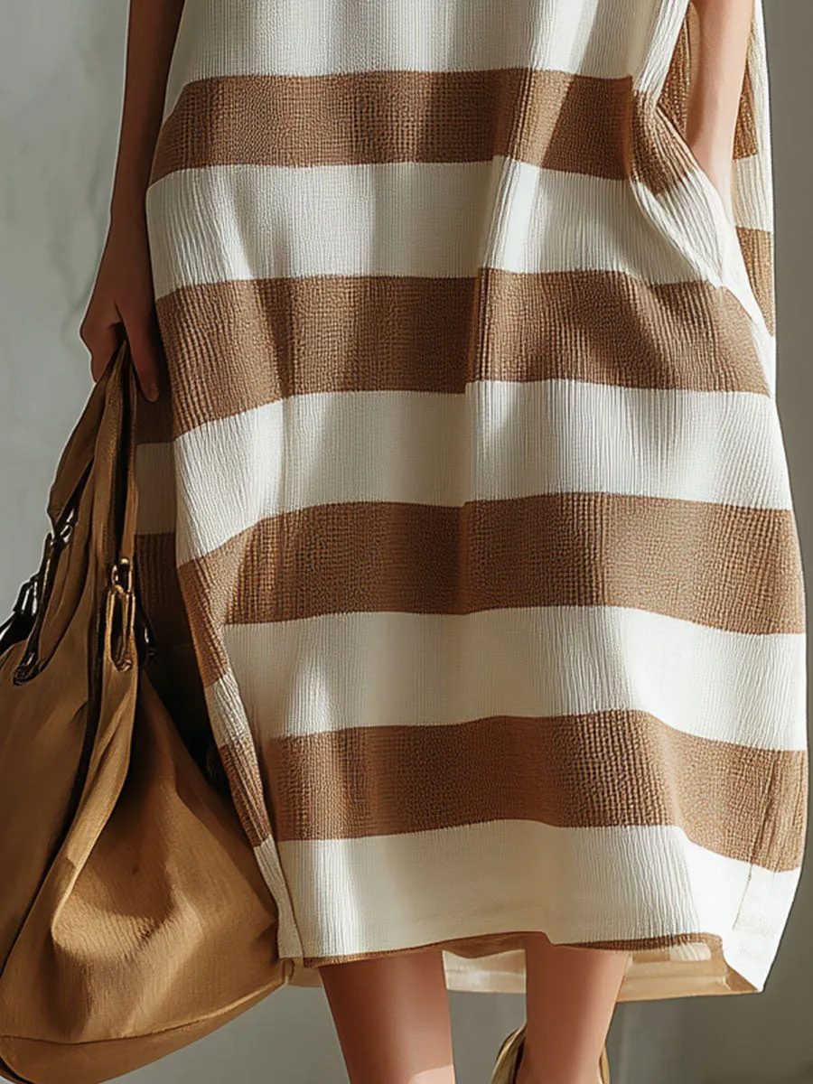 Casual Retro Brown And White Striped Sleeveless Knit Midi Dress sold by Oyrosy product image thumbnail 4