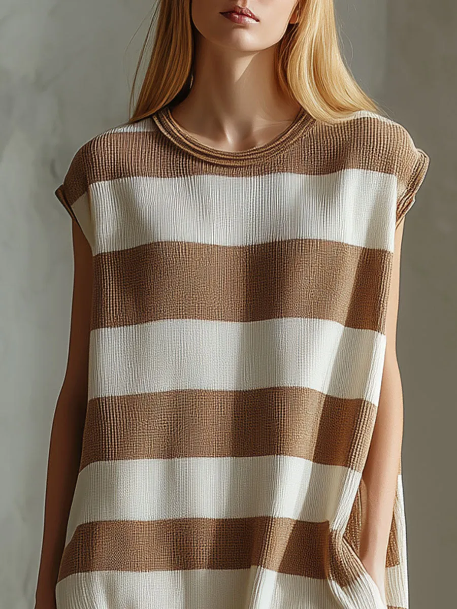 Casual Retro Brown And White Striped Sleeveless Knit Midi Dress sold by Oyrosy product image thumbnail 3