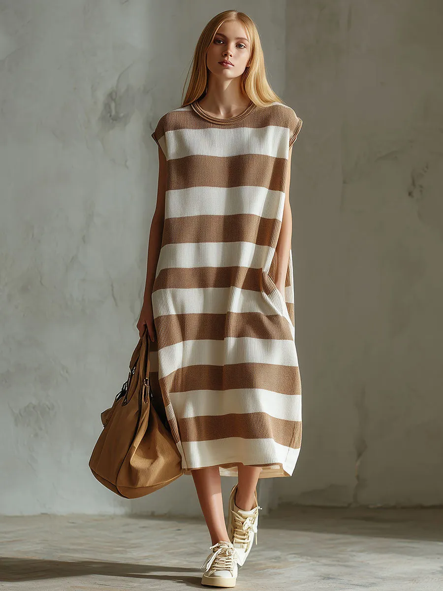 Casual Retro Brown And White Striped Sleeveless Knit Midi Dress sold by Oyrosy product image thumbnail 2