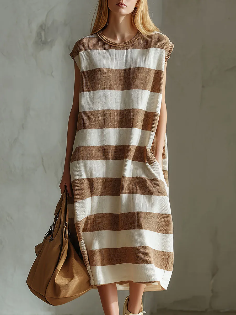 Casual Retro Brown And White Striped Sleeveless Knit Midi Dress sold by Oyrosy