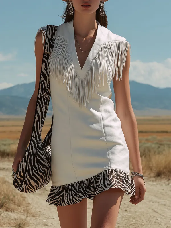 Western-style Retro Zebra Print Ruffled White Faux Suede Mini Dress made by Oyrosy