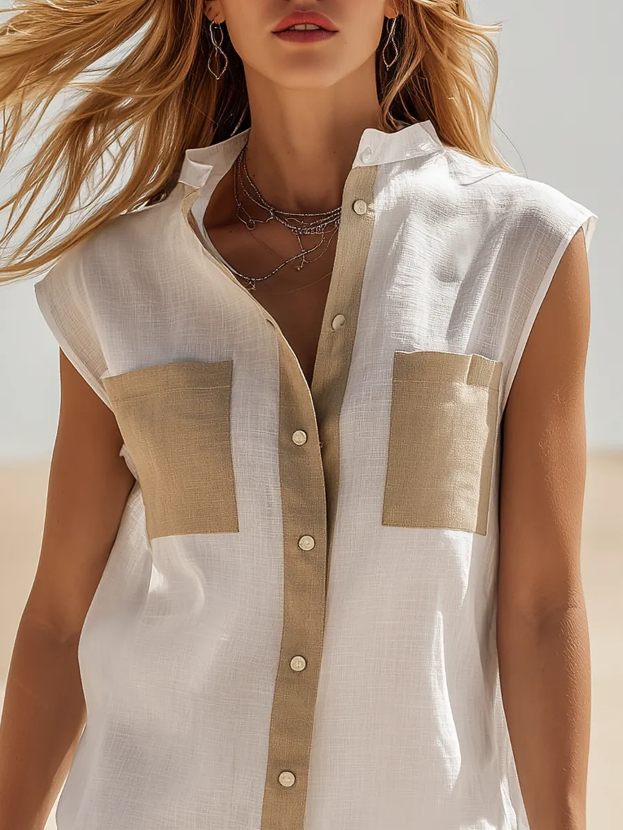 Bohemian Vacation Elegant Stand-collar Sleeveless Color-blocked Linen Dress sold by Oyrosy product image thumbnail 5