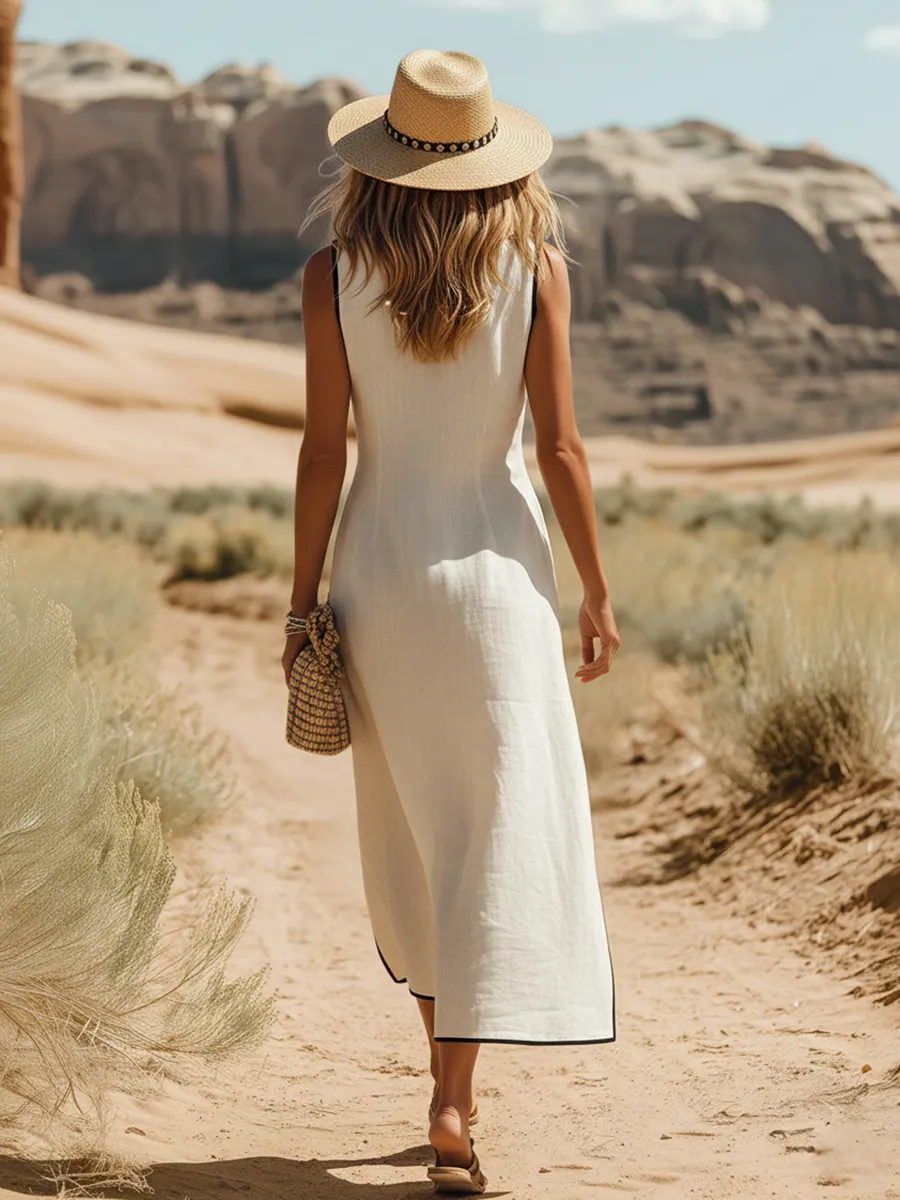 Elegant Bohemian V-neck Color-blocked Trim Sleeveless Cotton-linen Dress sold by Oyrosy product image thumbnail 3