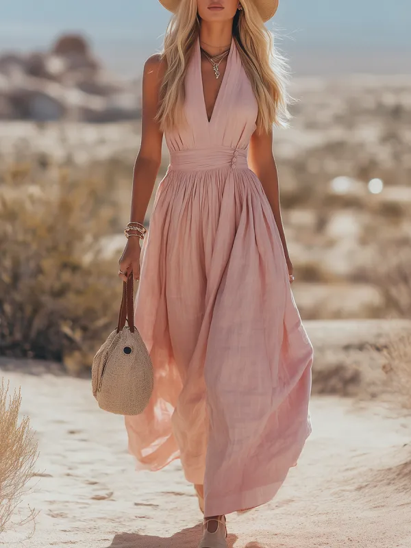 Bohemian West Resort Elegant Sleeveless Cotton Linen Dress sold by Oyrosy