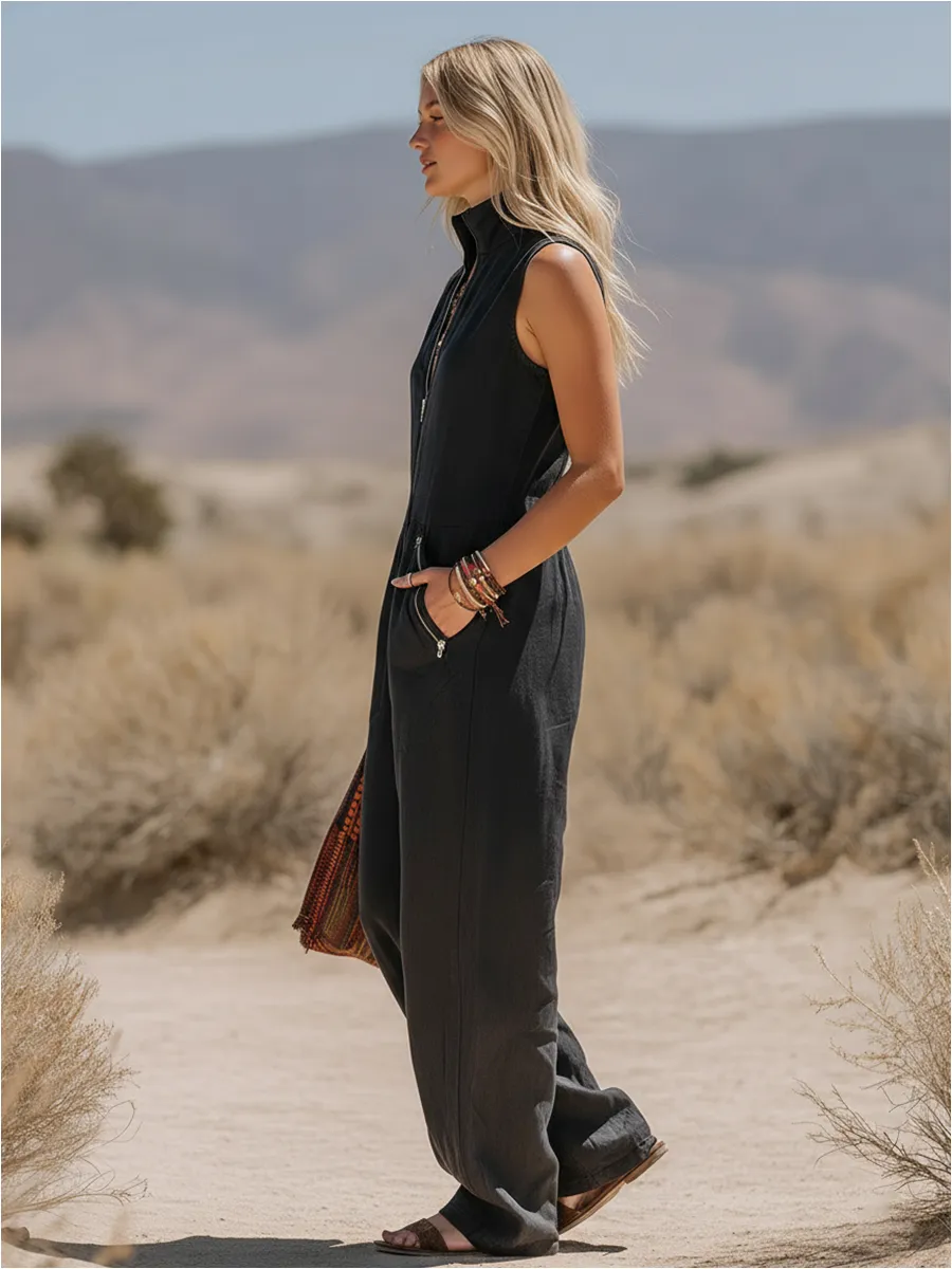 Retro Bohemian Style Stand Collar Sleeveless Zipper Cotton Linen Jumpsuit sold by Oyrosy product image thumbnail 2