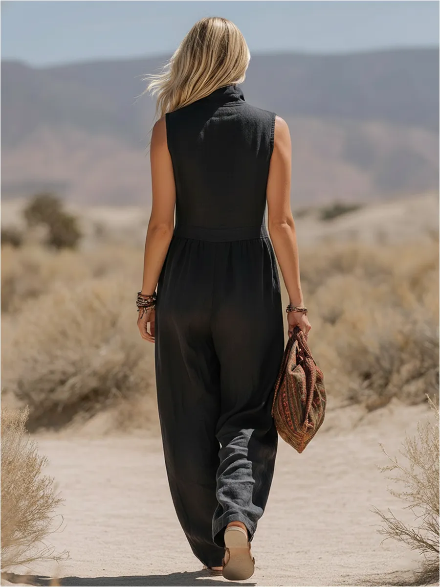 Retro Bohemian Style Stand Collar Sleeveless Zipper Cotton Linen Jumpsuit sold by Oyrosy product image thumbnail 3