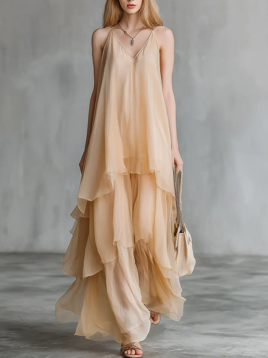 Stylish And Elegant Sleeveless V-neck Layered Chiffon Maxi Dress sold by Oyrosy