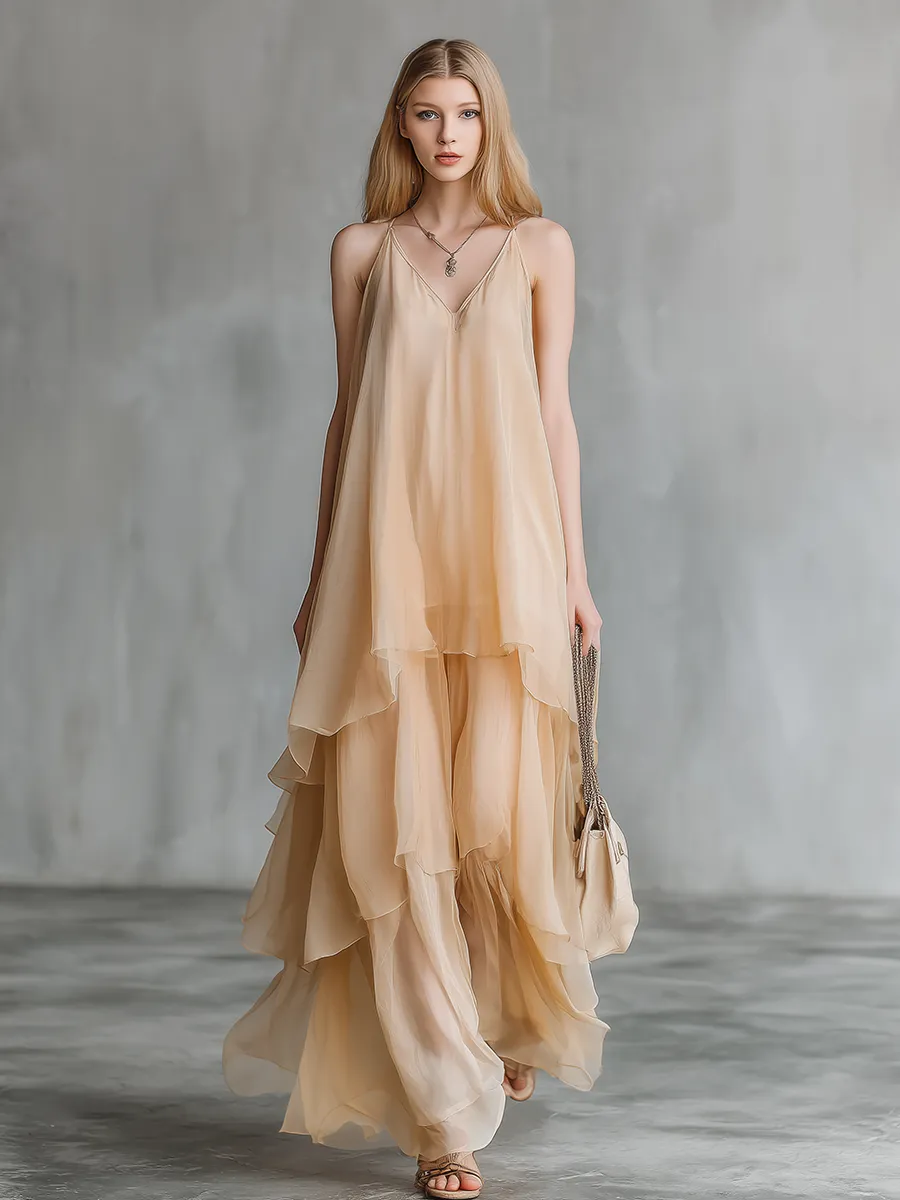 Stylish And Elegant Sleeveless V-neck Layered Chiffon Maxi Dress sold by Oyrosy product image thumbnail 4