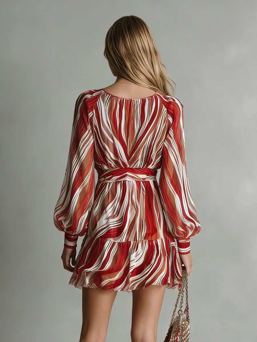 Stylish And Casual V-neck Long-sleeved Striped Printed Chiffon Mini Dress sold by Oyrosy product image thumbnail 3