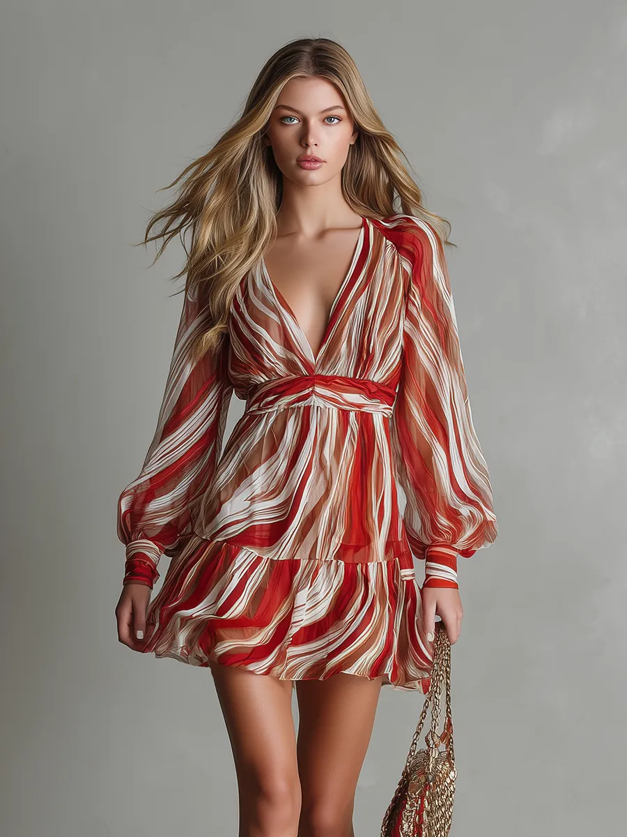 Stylish And Casual V-neck Long-sleeved Striped Printed Chiffon Mini Dress sold by Oyrosy product image thumbnail 4