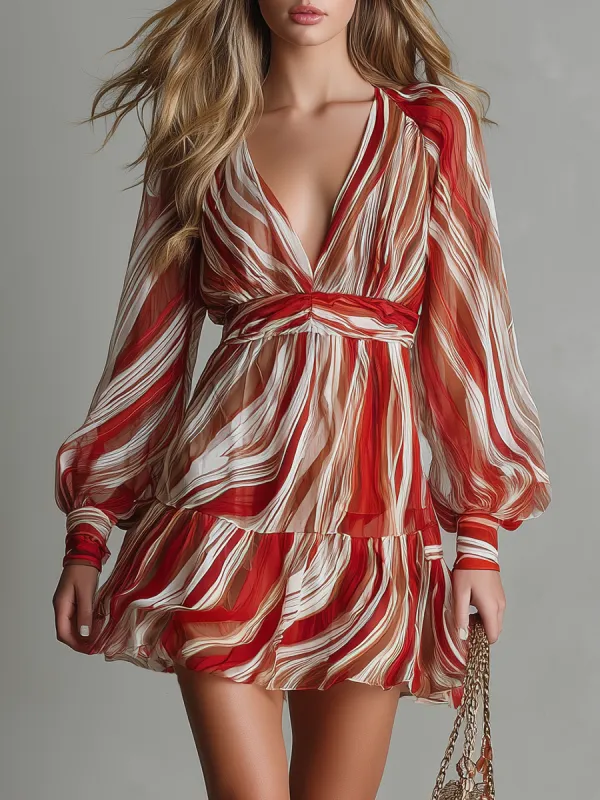 Stylish And Casual V-neck Long-sleeved Striped Printed Chiffon Mini Dress made by Oyrosy