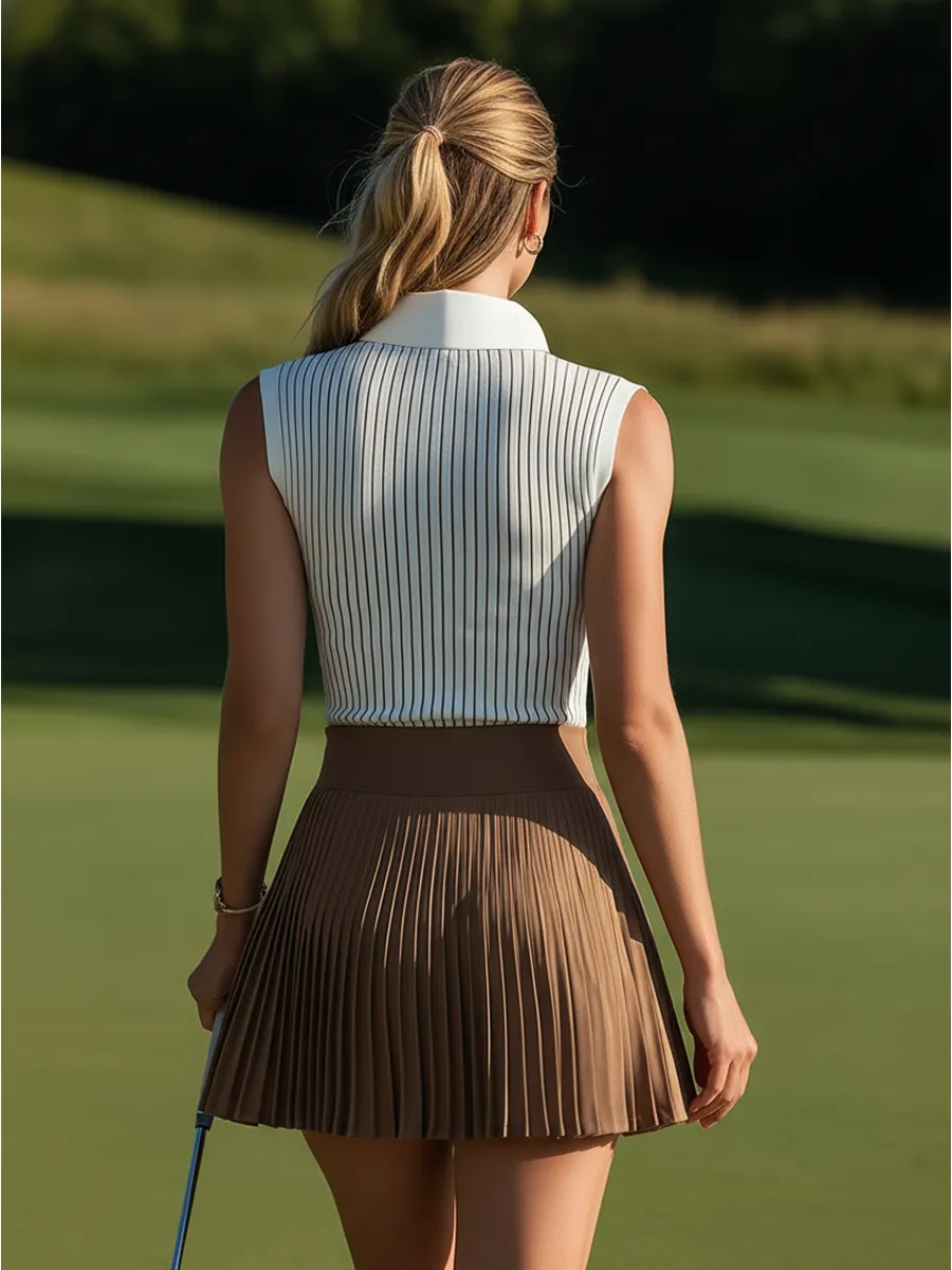 Retro Color-blocked Striped Sleeveless Knit Top And Pleated Tennis Skirt Set sold by Oyrosy product image thumbnail 3