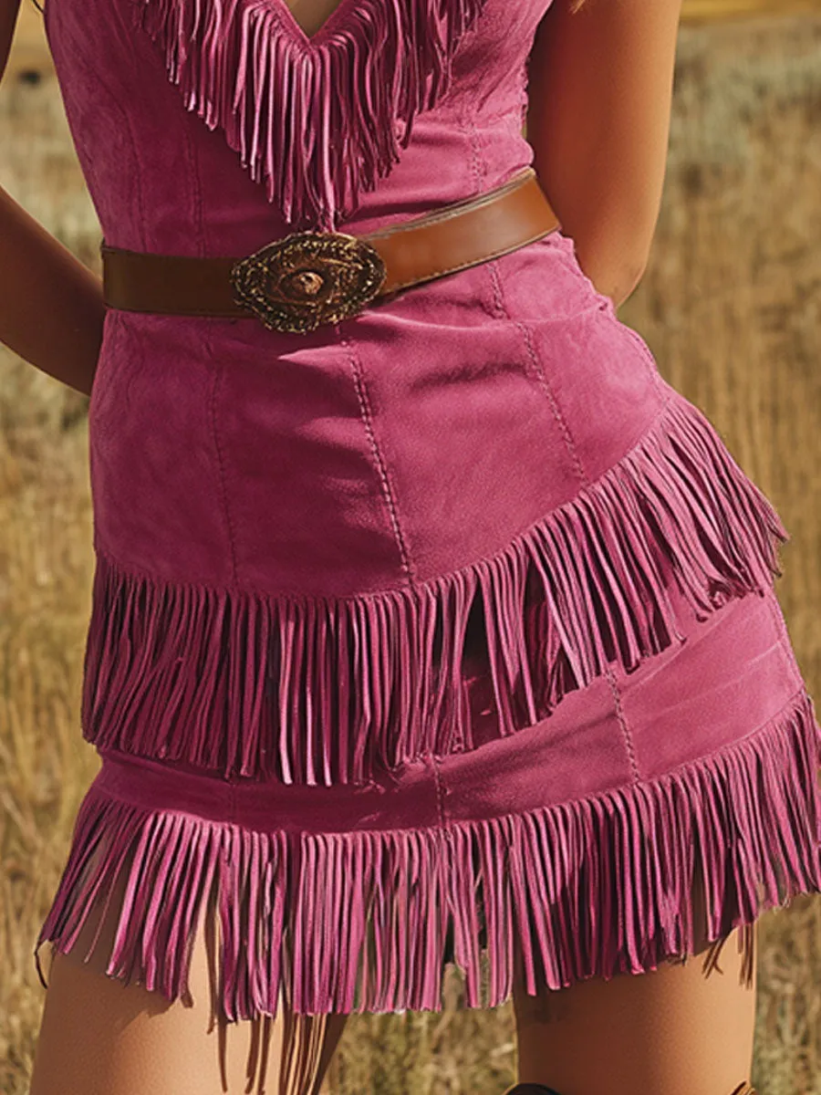 Western Retro Tassel Rose Red Suede Sleeveless Mini Dress sold by Oyrosy product image thumbnail 5