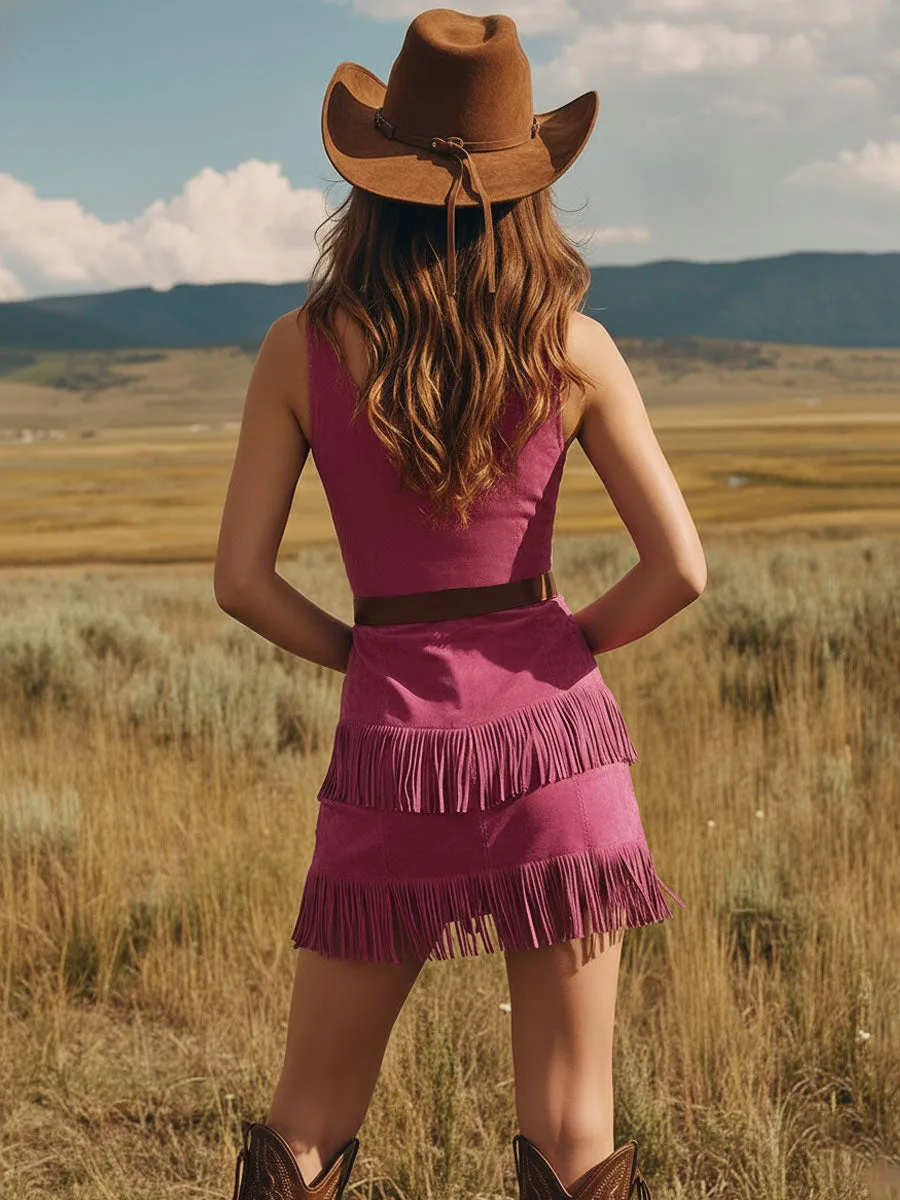 Western Retro Tassel Rose Red Suede Sleeveless Mini Dress sold by Oyrosy product image thumbnail 3