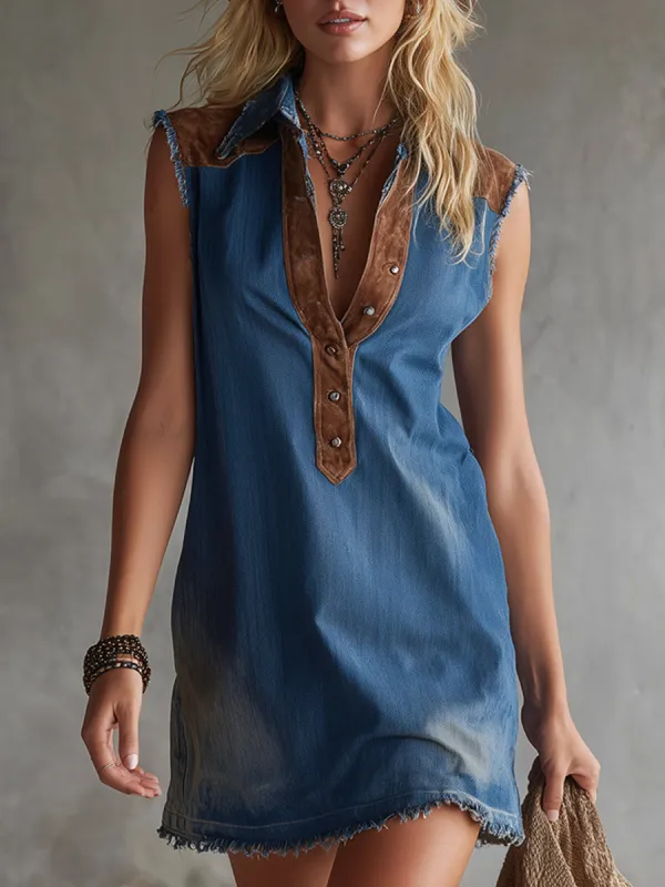 Retro Casual Faux Suede Patchwork Blue Denim Frayed Sleeveless Mini Dress sold by Oyrosy